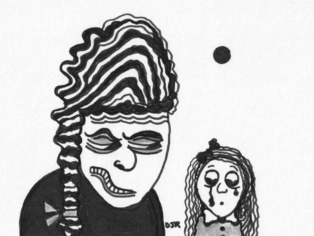 Comic art by Daniel Joshua Rubin featuring a judge utterly unmoved by little girl's heartfelt tears.