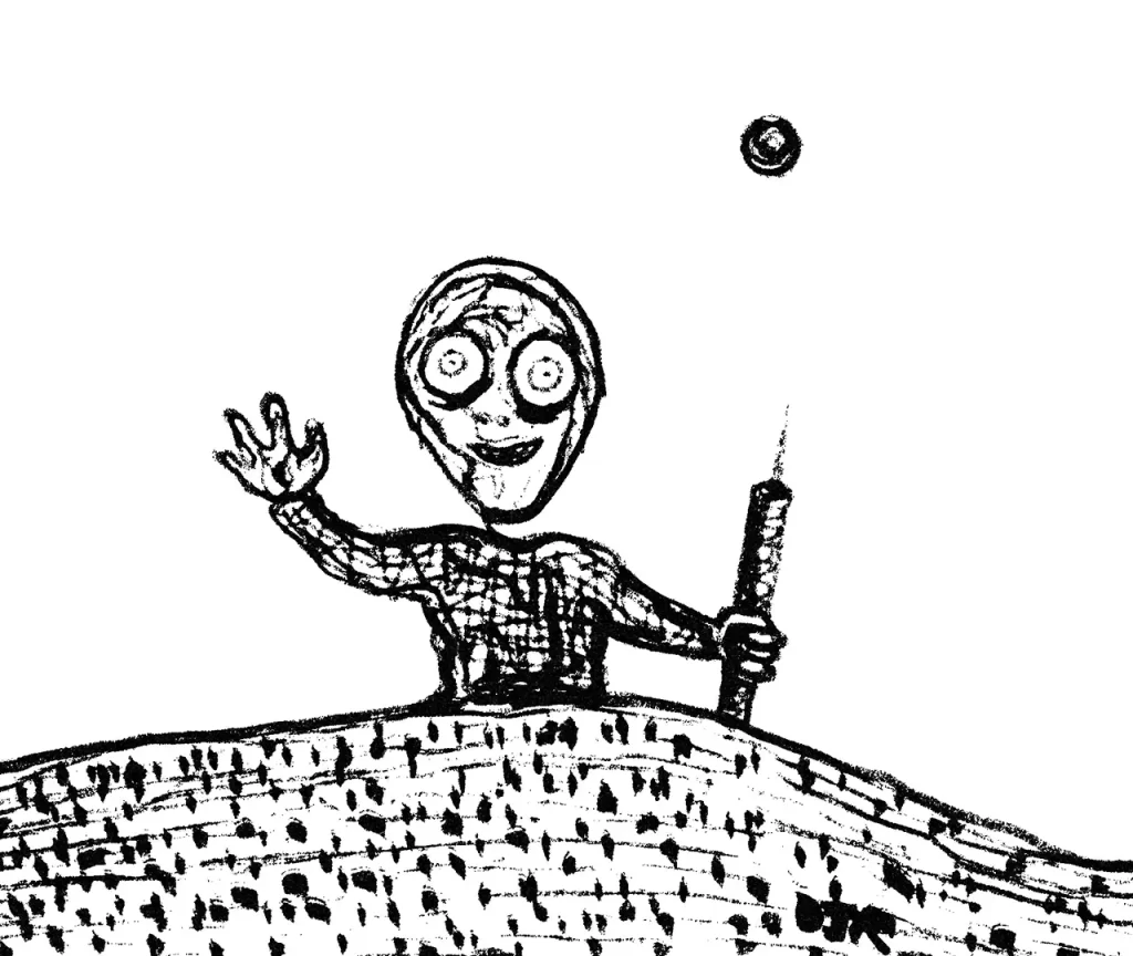 Comic art by Daniel Joshua Rubin featuring a disturbed being holding some sort of futuristic dynamite-like weapon waving to the viewer from up ahead.