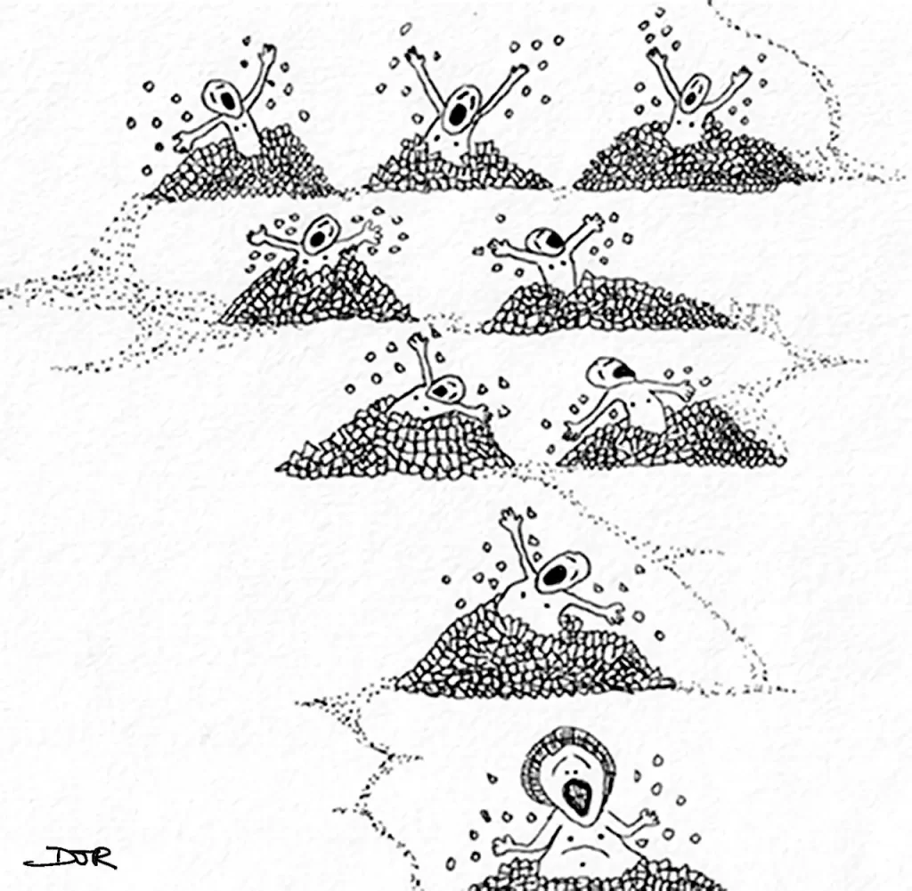 Comic art by Daniel Joshua Rubin featuring nine little shirtless men having just blasted forth from the ground from rockpiles on little hills.