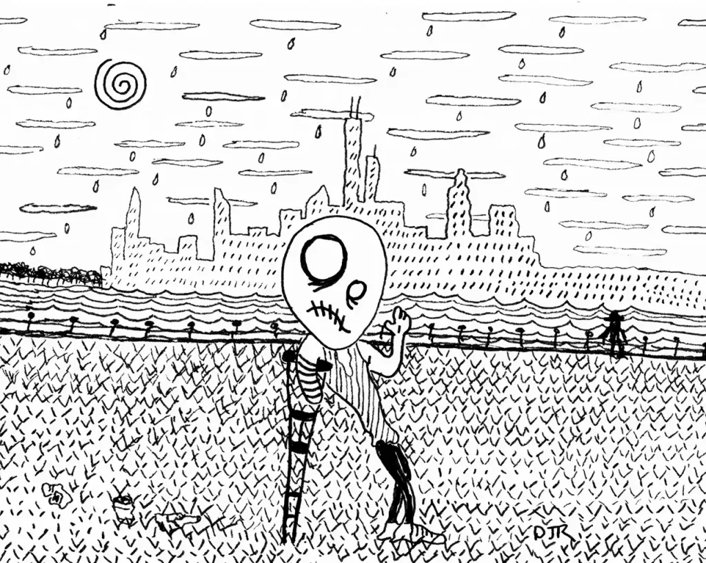 Comic art by Daniel Joshua Rubin of a wounded veteran on crutches waving to the viewer, alone in the big city.