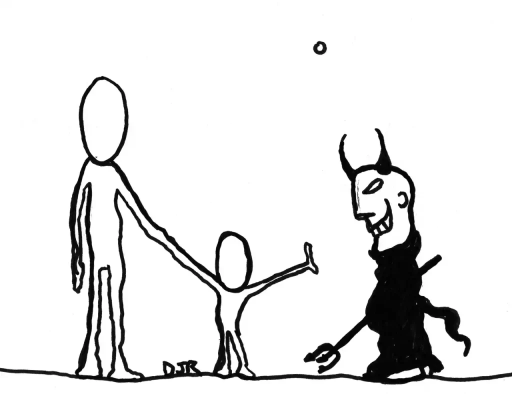 Comic art by Daniel Joshua Rubin of a father introducing his frightened - and resistant son - to a demon.