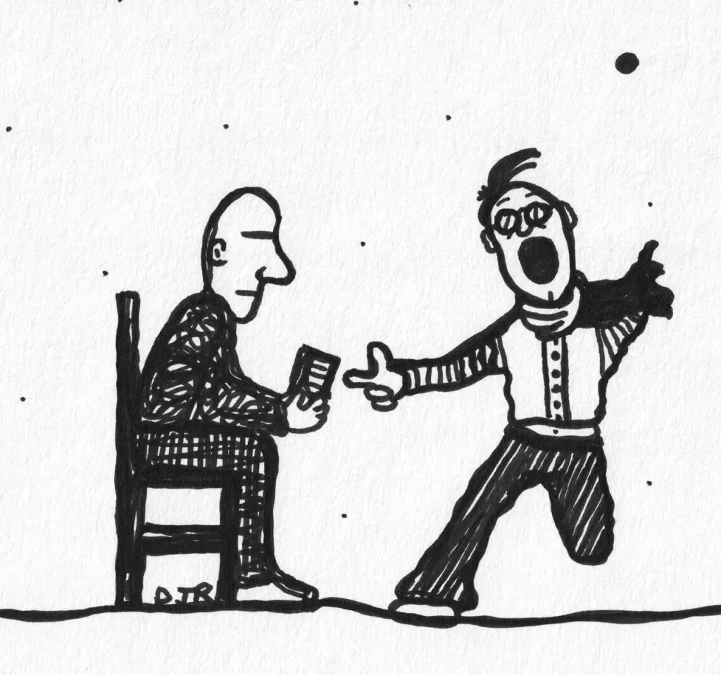 Comic art by Daniel Joshua Rubin featuring a man seated with a program in hand, carllously watching another man who shrieks with fear as he's choked by a large hand.