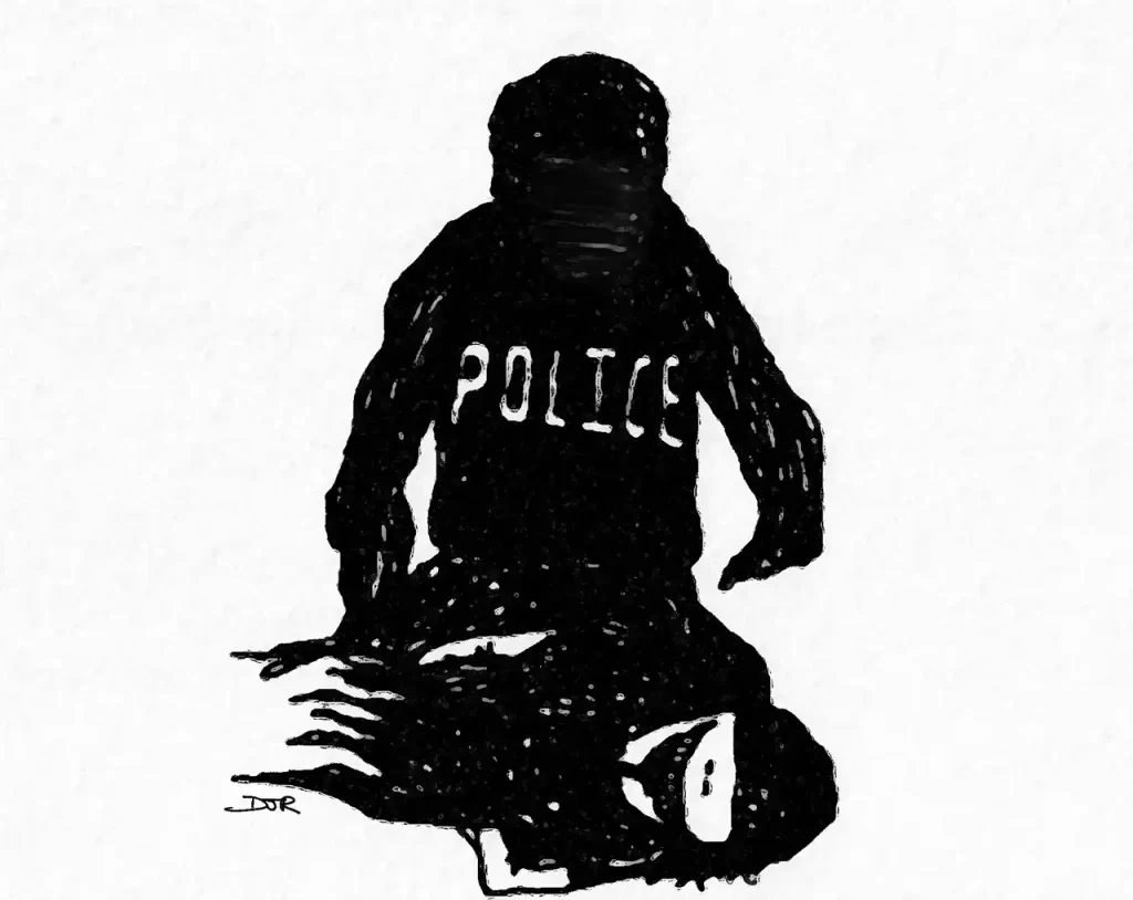 Graphic illustration by Daniel Joshua Rubin of a police officer in riot gear trying to subdue a menacing character whose wicked smile makes him appear to be unphased.