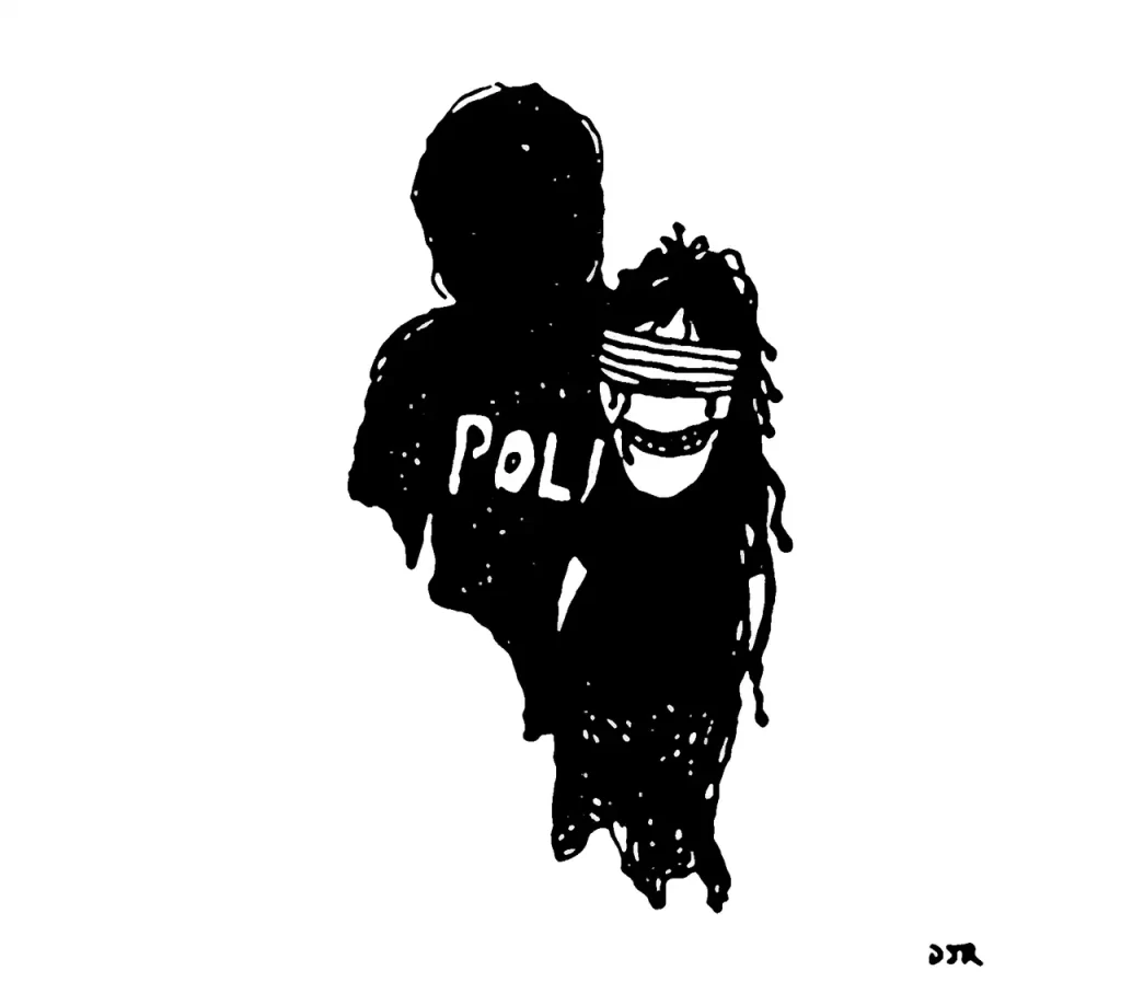 Comic art by Daniel Joshua Rubin featuring a cop in riot gear unnerved by the smile of the blindfolded suspect he's arresting.