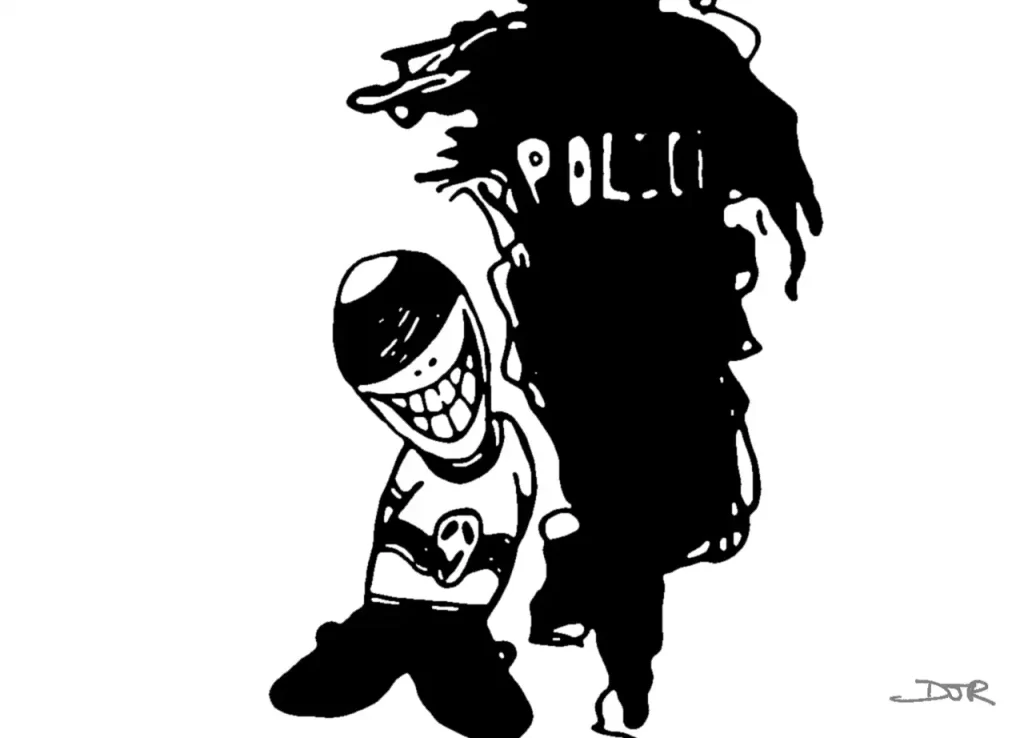 Comic Art by Daniel Joshua Rubin featuring a policeman in riot gear racing past a blindfolded lunatic on his knees, inspired and delighted by hte chaos.