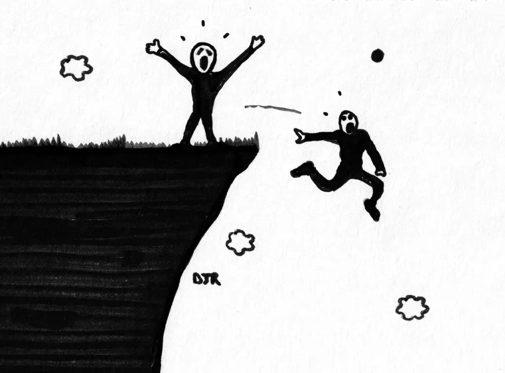 Comic art by Daniel Joshua Rubin featuring a demented preacher inspiring a man to leap off a cliff to a pointless death.