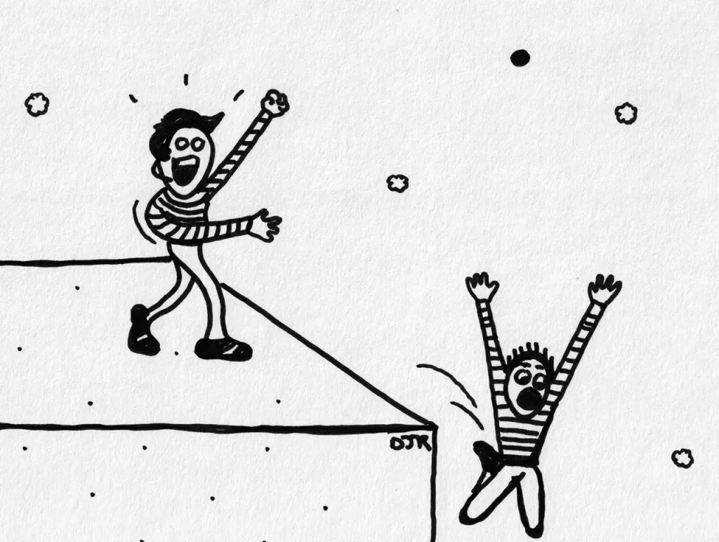 Comic art by Daniel Joshua Rubin featuring a motivational speaker who has just talked a poor sucker into leaping off a building thinking it will bring him excellence but it will only bring him doom.