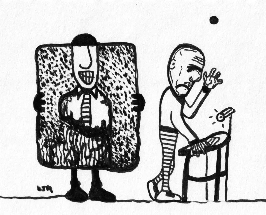 Comic art by Daniel Joshua Rubin featuring an old man, frustrated, upset, trying to lecture with a being hiding behind a facade nearby.
