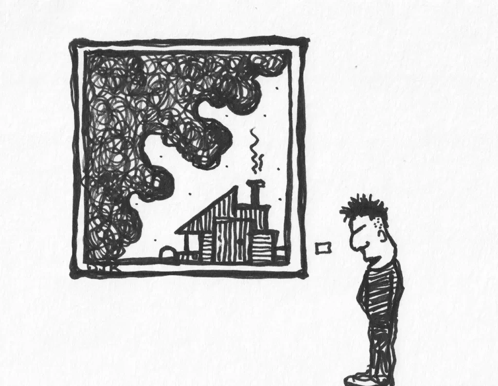 Comic art by Daniel Joshua Rubin featuring a man staring at the little white card that tells you what to think about a piece of art in a museum.