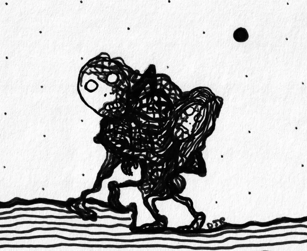 Comic Art by Daniel Joshua Rubin featuring a struggling couple who have become gruesomely entwined by what appears to be some sort of massive tumor