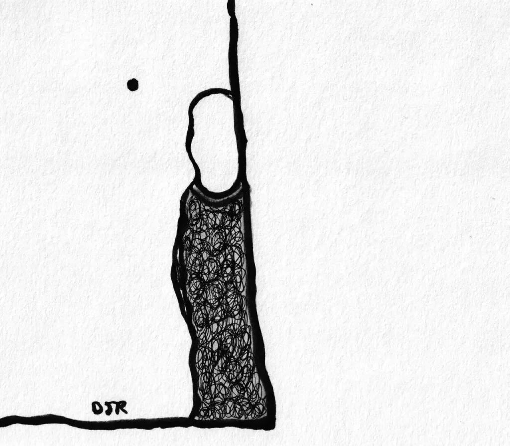 Comic art by Daniel Joshua Rubin featuring a figure with no face staring coldly at the viewer with half his body hidden behind a wall.
