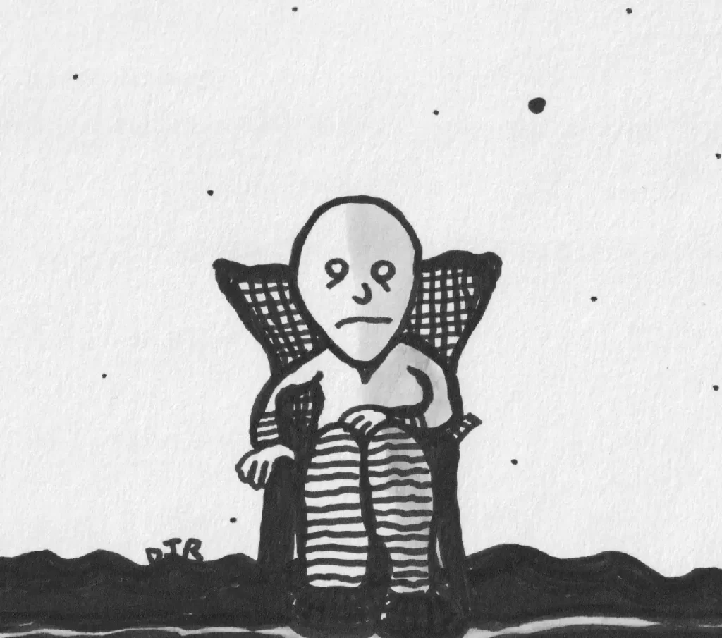 Comic art by Daniel Joshua Rubin featuring a soul-less man seated on the plains, staring at the viewer with empty eyes.