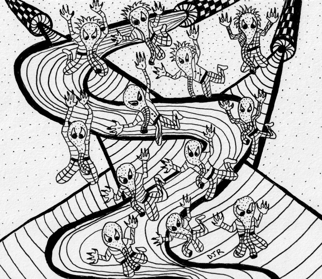 Comic art by Daniel Joshua Rubin featuring a small army of bizarre creatures spewing madness as they leap at their prey.