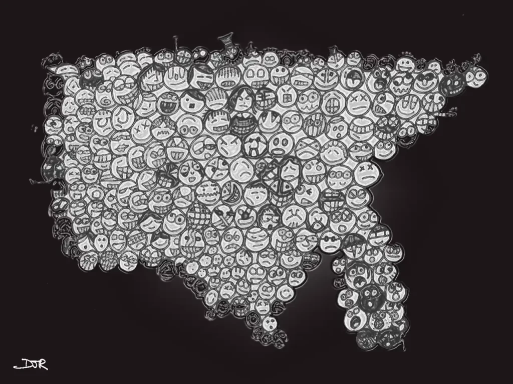 Comic art by Daniel Joshua Rubin featuring the moboheads forming a map of the United States of America