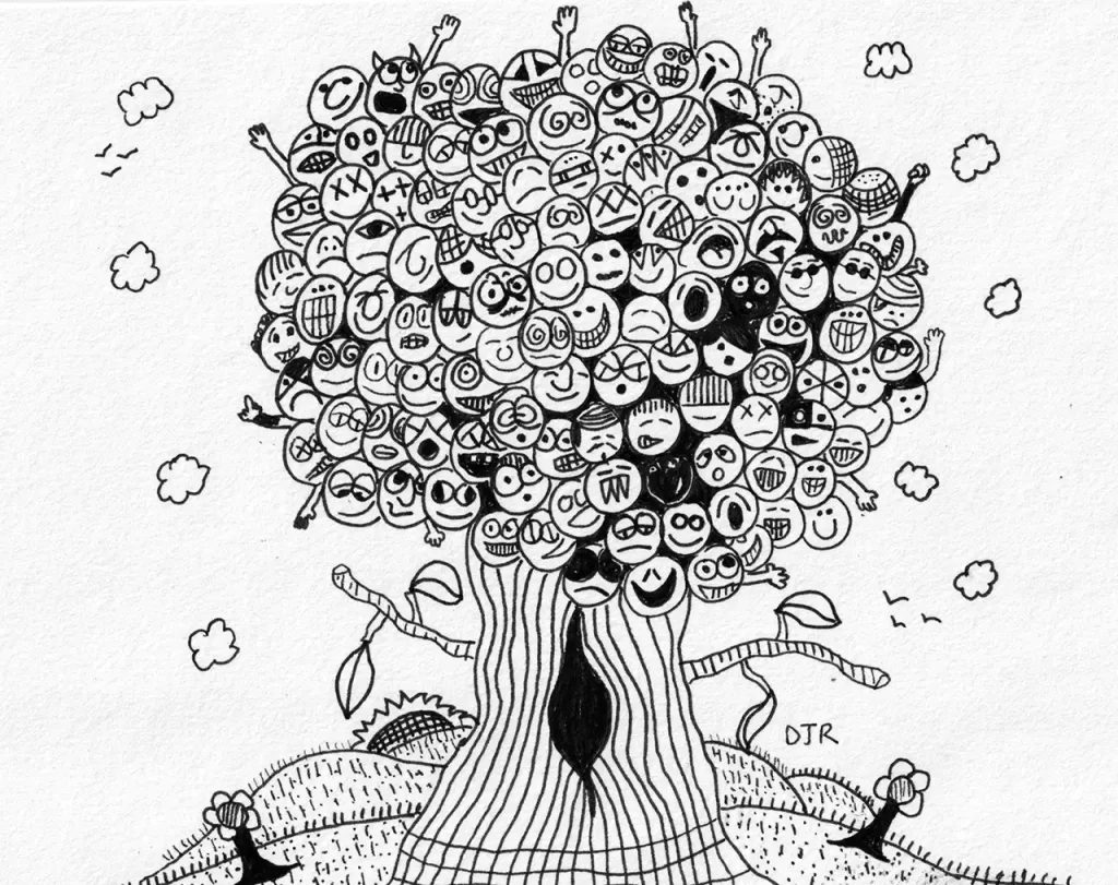 Comic art by Daniel Joshua Rubin featuring a tree full of tiny playful heads called "moboheads" as in mob o' heads with one appearing to be the fuhrer.