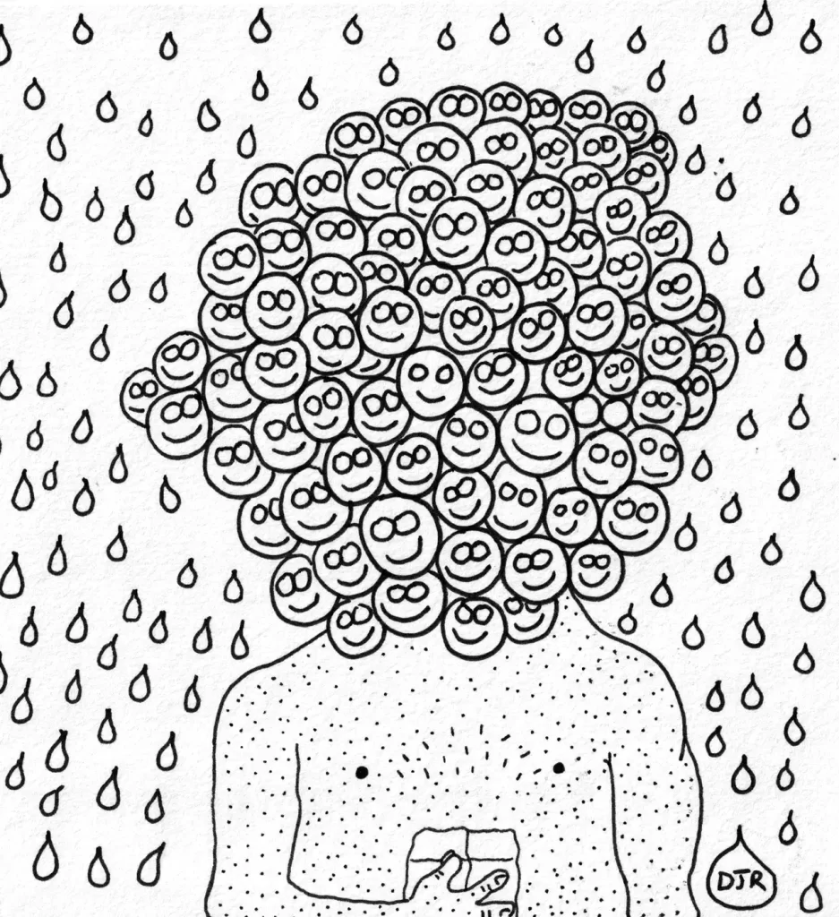 Comic art by Daniel Joshua Rubin featuring the moboheads forming one big head suggesting a total absence of individual thought.