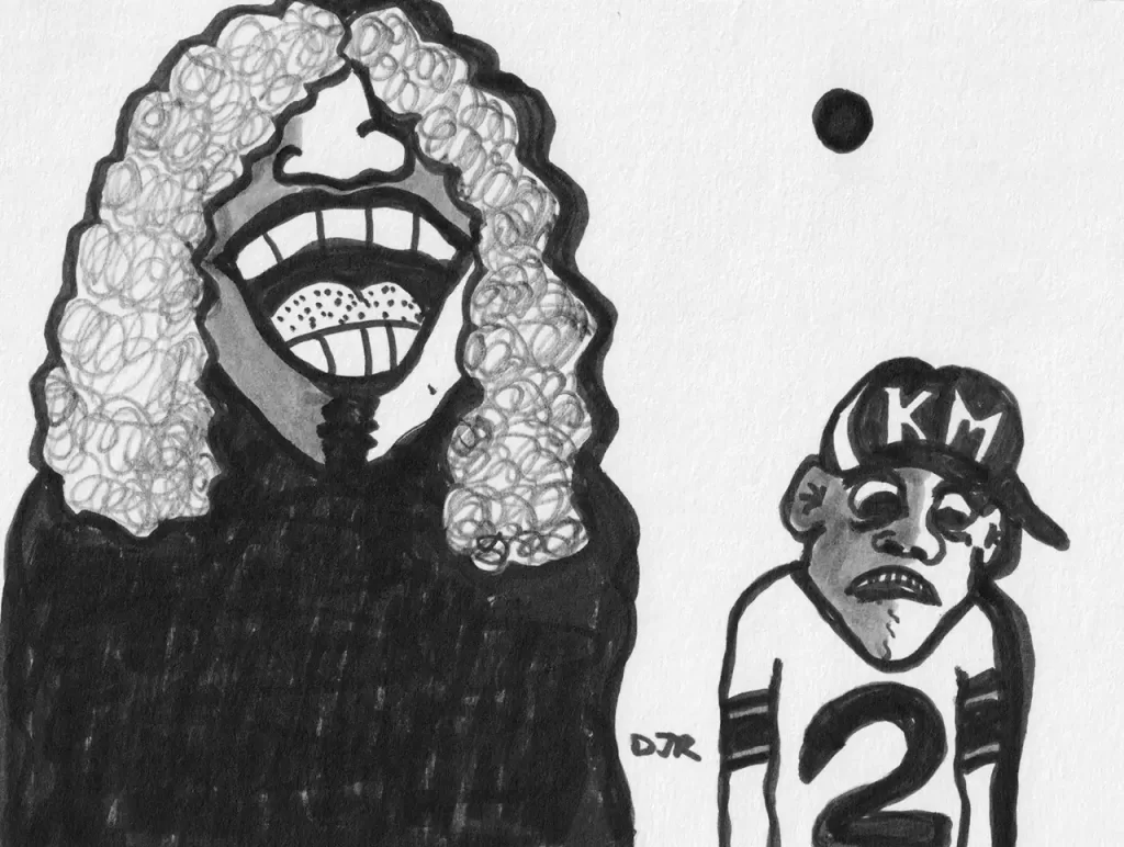 Comic art by Daniel Joshua Rubin of Judge laughing hysterically at kid's attempt to look cool.