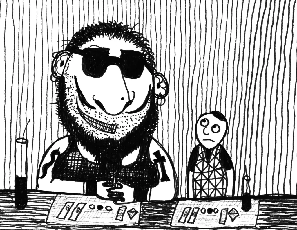 Comic art by Daniel Joshua Rubin featuring two guys at a bar, one a small man, the other large. The small man is realizing his "friend" is not a good person at all.