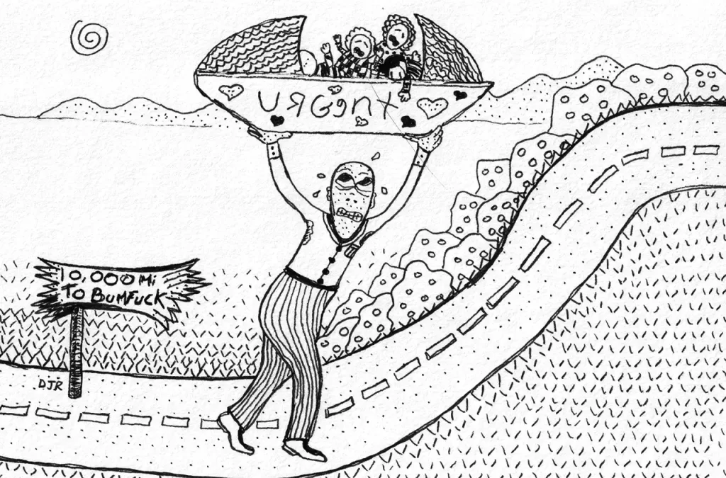 Comic art by Daniel Joshua Rubin featuring a man struggling to carry a large bassinet full of crying babies marked "urgent" with 10,000 miles to go to get them the help they apparently need.
