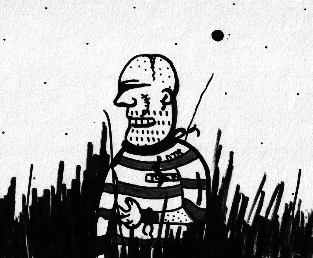 Comic art by Daniel Joshua Rubin featuring a prisoners, in old time stripes, realizing he's escaped - but still has no place to go
