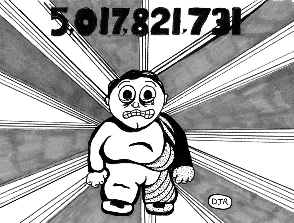 Comic art by Daniel Joshua Rubin featuring a chubby little man discovering his very low ranking among all human beings.