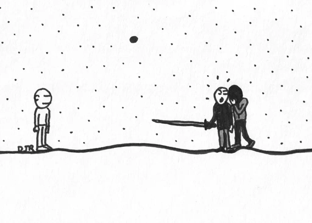 Comic art by Daniel Joshua Rubin featuring a lonely little bald man on a hill with two people - one wielding a large sword - whispering an obviously nefarious plan to attack this poor dear man.