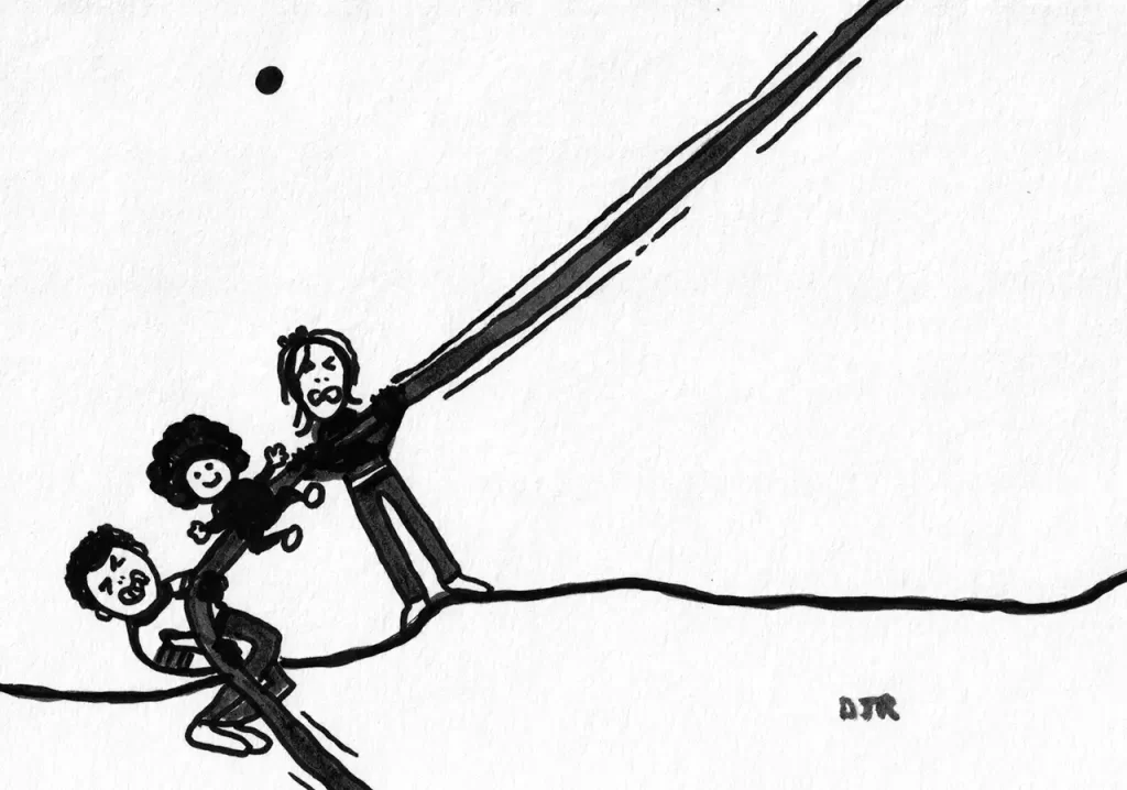Comic art by Daniel Joshua Rubin featuring two parents about to slingshot their baby into oblivion
