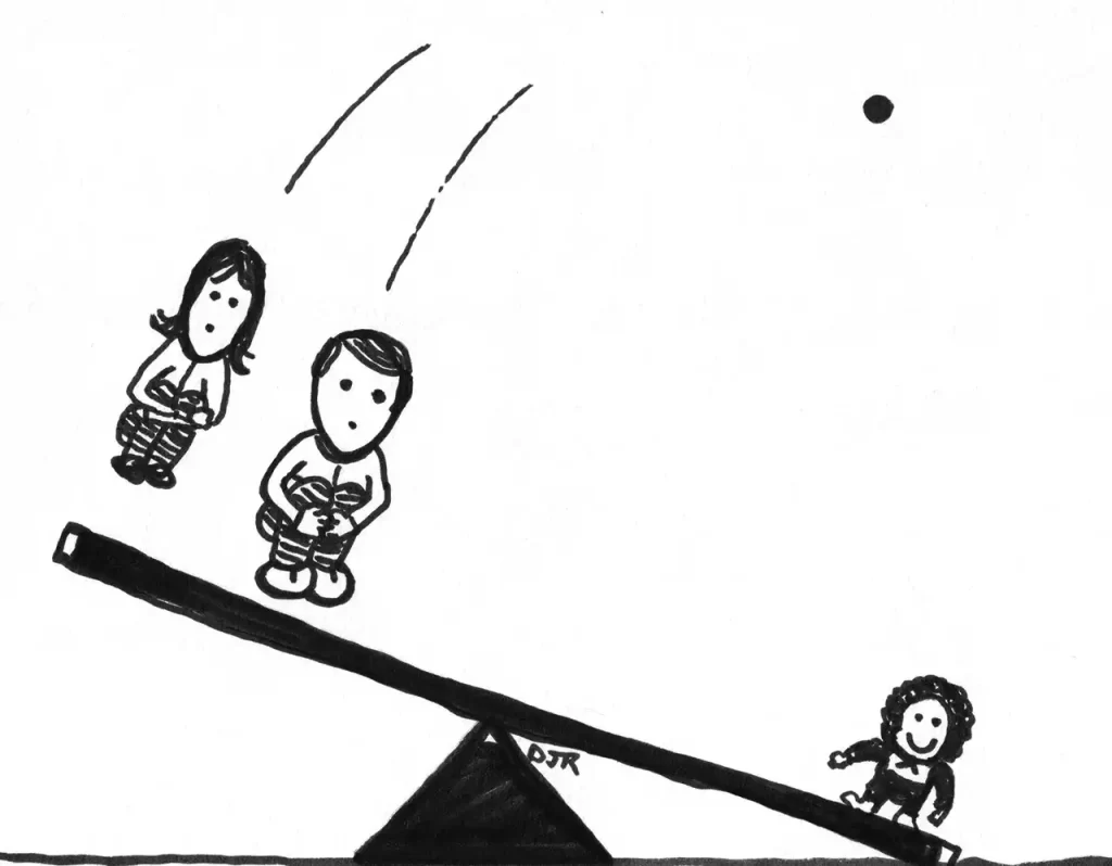 Comic art by DanielJoshua Rubin featuring two parents falling from the sky onto one side of a seesaw to launch their child, who stands on the other side, into the stratosphere.