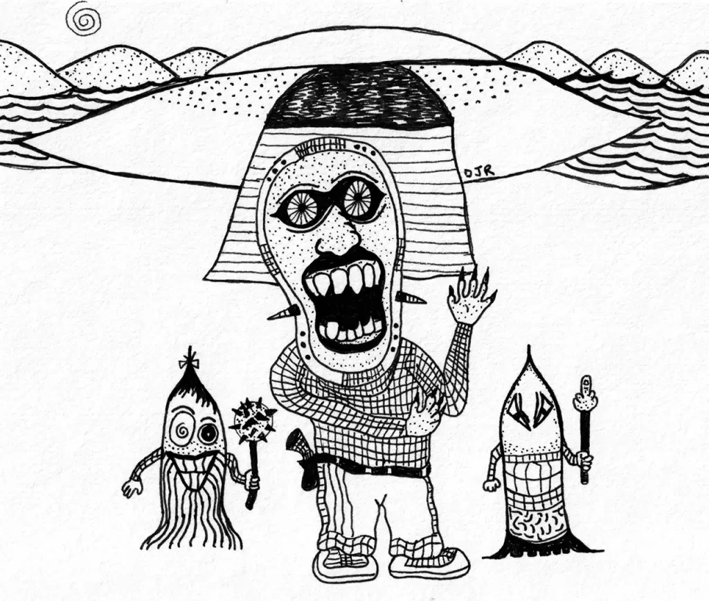 Comic art by Daniel Joshua Rubin featuring three alien maniacs that have just landed in a flying saucer claiming to come in peace.