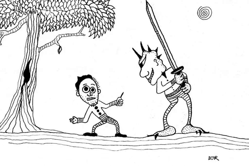 Comic art by Daniel Joshua Rubin featuring an artist wielding a pen against a terrifying reptilian punk with a large sword.