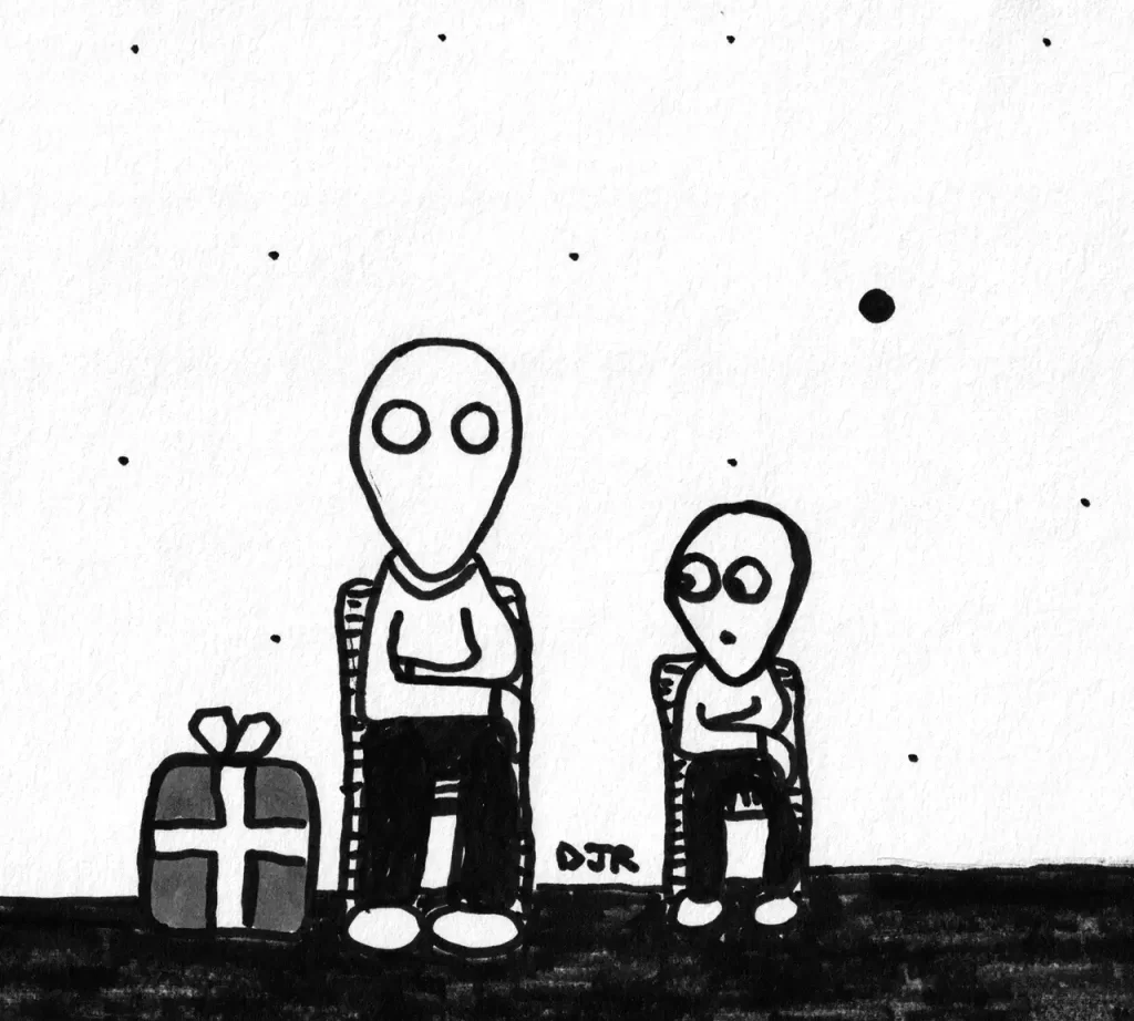 Comic art by Daniel Joshua Rubin featuring a faceless father preparing to give something nefariously gift wrapped to his worried son.