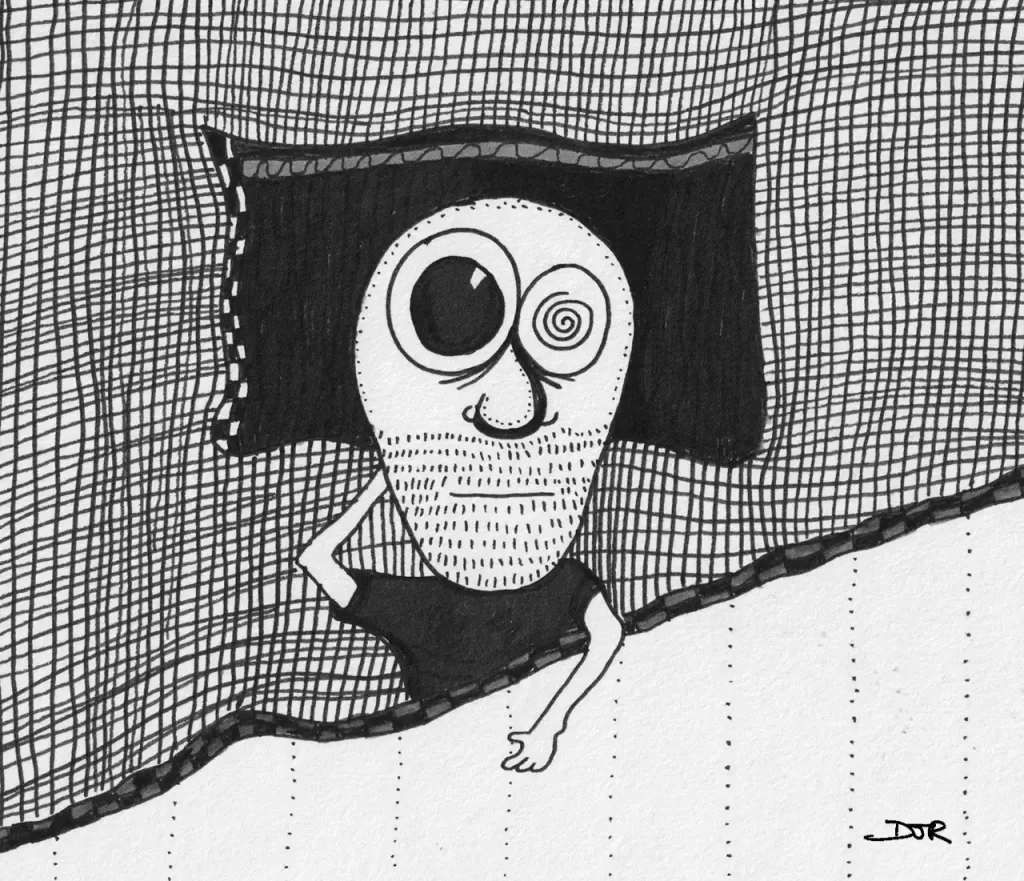 Comic art by Daniel Joshua Rubin of a man alone in bed, up late at night, worried.