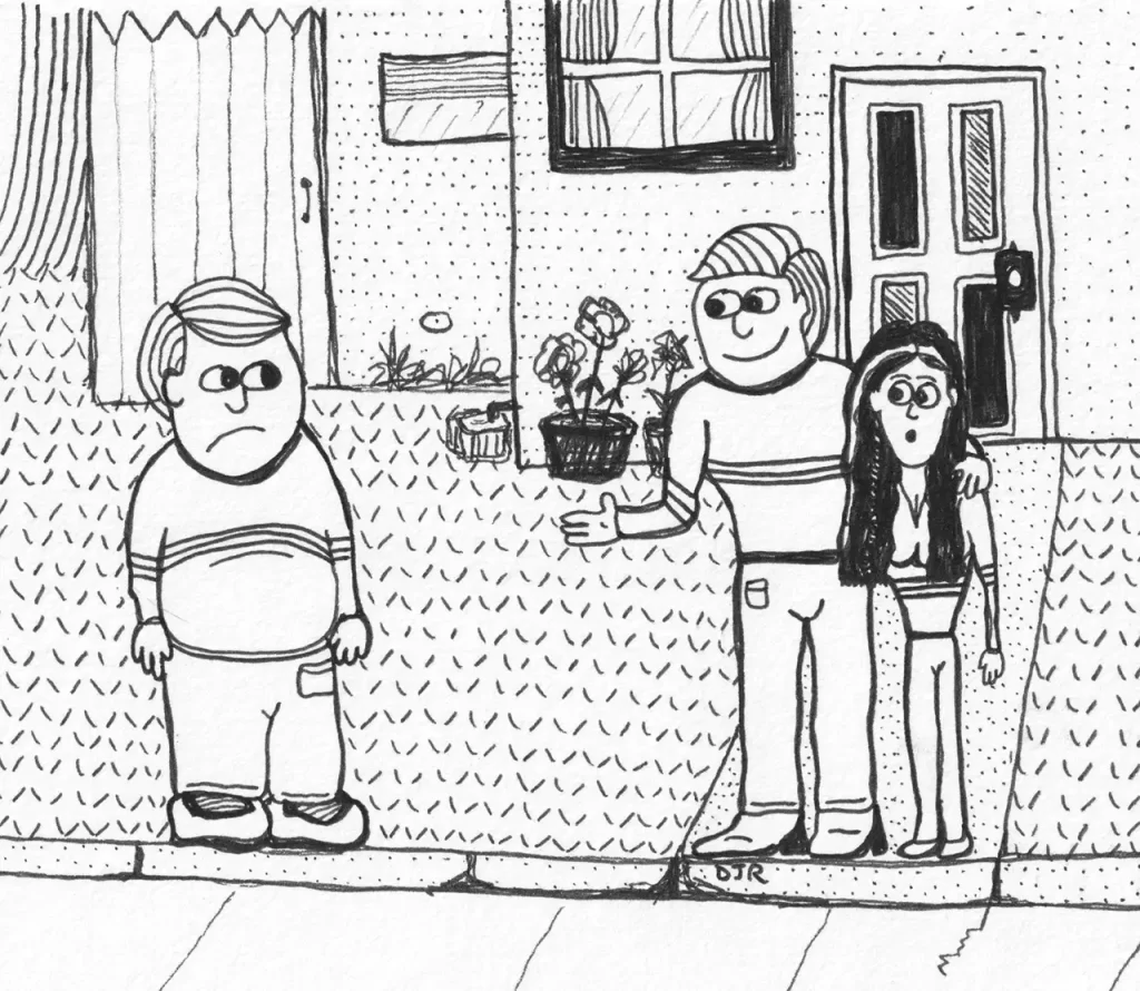 Comic art by Daniel Joshua Rubin featuring a husband whose wife has traded him in for a better-looking version of himself.