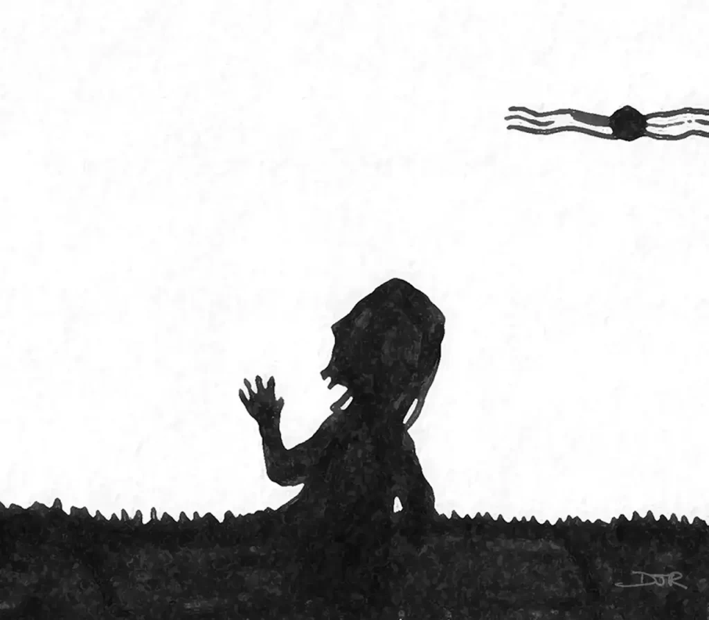 Comic art by Daniel Joshua Rubin featuring a resurrected being rising from the ground