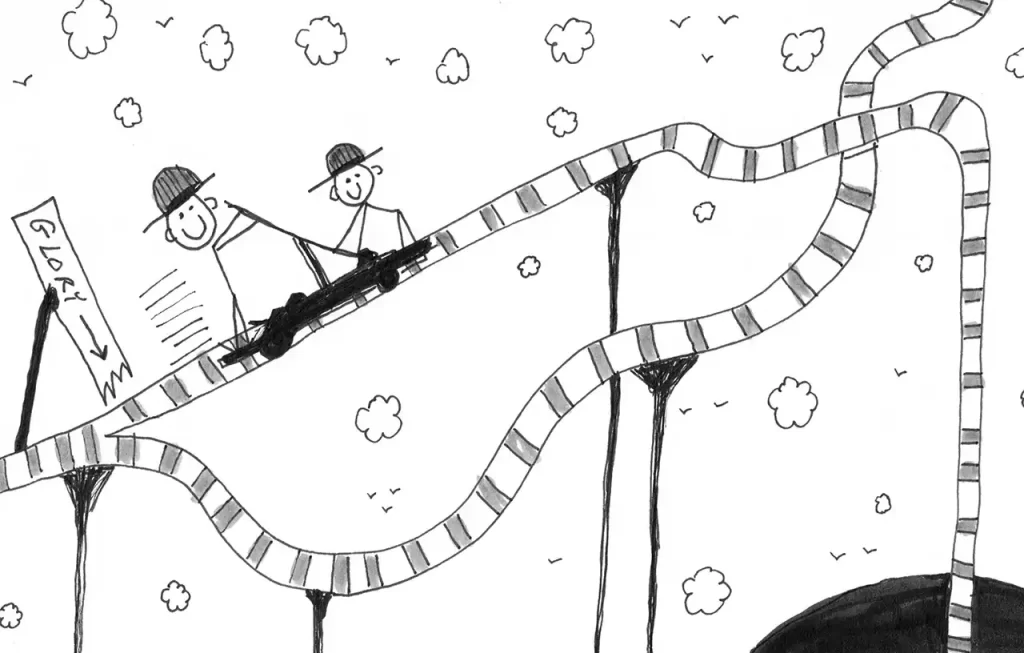 Comic art by Daniel Joshua Rubin featuring tiny men riding a scooter around rollercoaster tracks seeking glory and transcendence while struggling to avoid doom.
