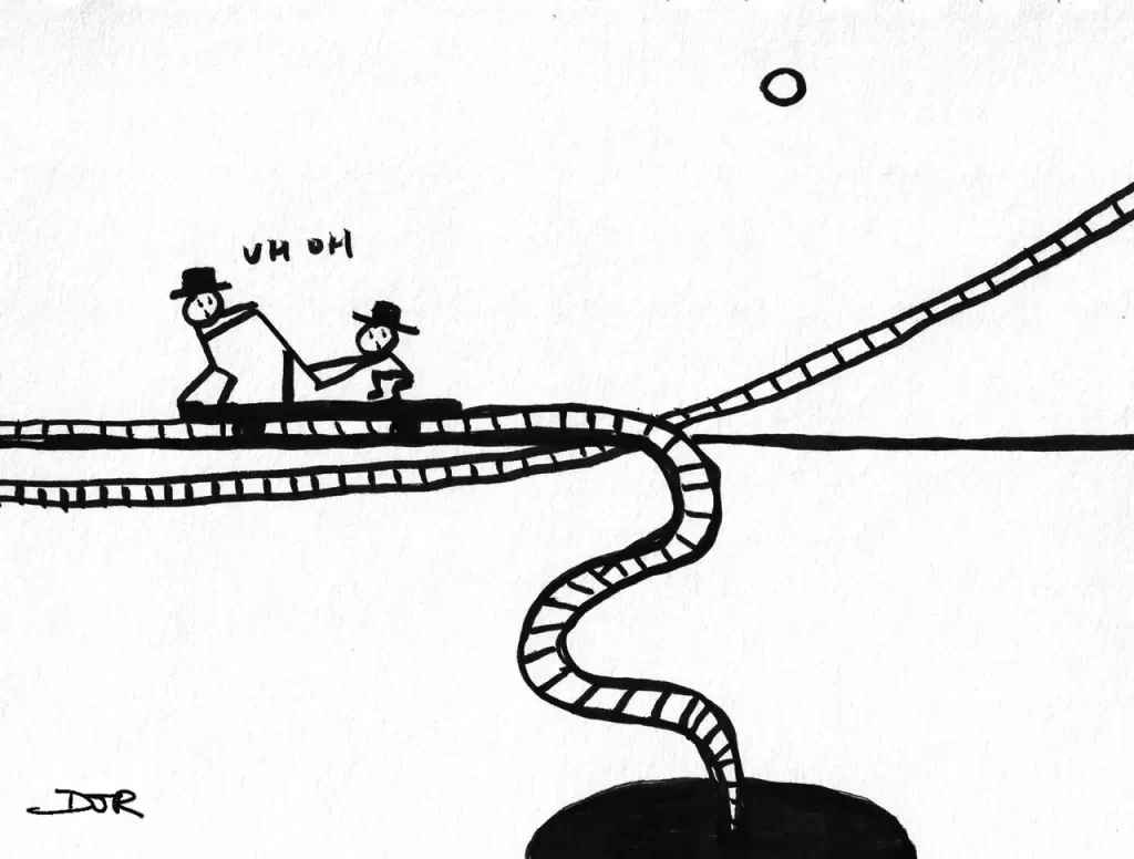 Comic art by Daniel Joshua Rubin featuring tiny men riding a scooter around rollercoaster tracks seeking glory and transcendence while struggling to avoid doom.