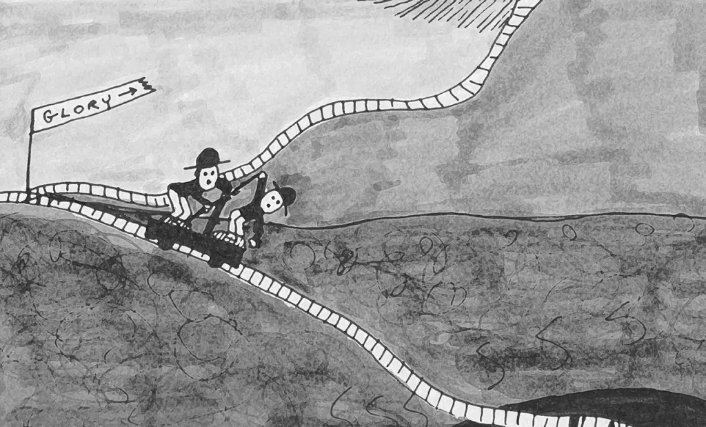 Comic art by Daniel Joshua Rubin featuring tiny men riding a scooter around rollercoaster tracks seeking glory and transcendence while struggling to avoid doom.