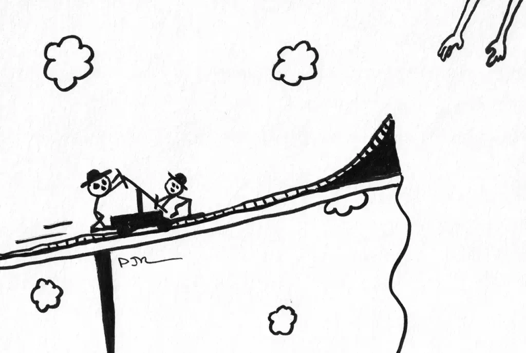 Comic art by Daniel Joshua Rubin featuring tiny men riding a scooter around rollercoaster tracks seeking glory and transcendence while struggling to avoid doom.