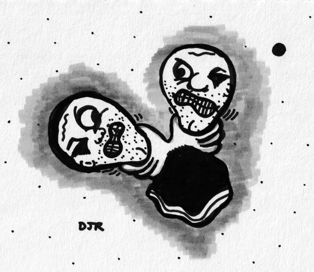 Comic art by Daniel Joshua Rubin featuring a bizarrely heart-shaped little body with only two heads and two hands, each hand trying to choke the opposing head to death.