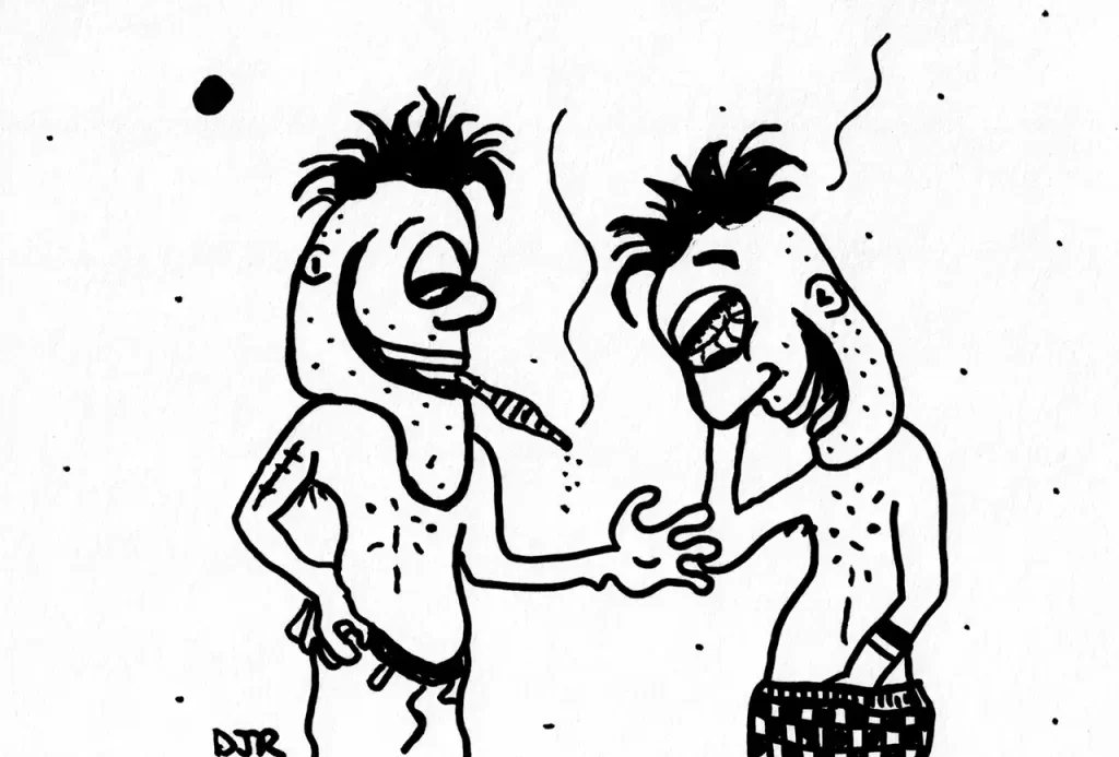 Comic art by Daniel Joshua Rubin showing too funny-looking guys sharing a joint and talking about a crazy guy they know.
