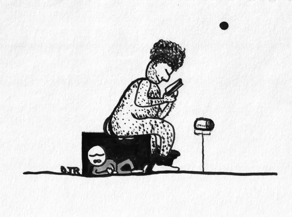 Comic art by Daniel Joshua Rubin featuring a big fat hairy man reading a book while making stool on a smaller being trapped in a box-like toilet