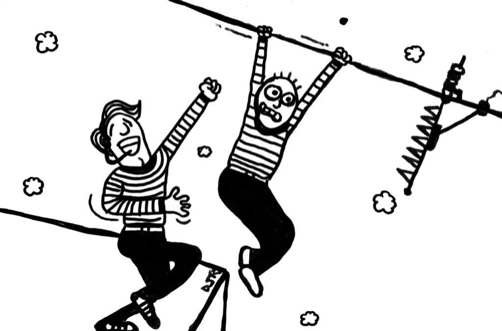 Comic art by Daniel Joshua Rubin featuring a motivational speaker cheering a man off the side of a building as he slides along an electric cable sure to shock him to his ultimate doom.