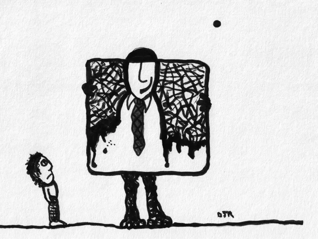 Comic art by Daniel Joshua Rubin featuring a young boy looking up at a monstrous being holding the facade of a smiling executive