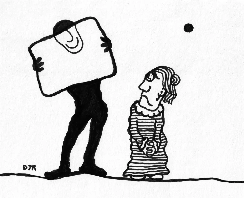 Comic art by Daniel Joshua Rubin featuring a mother deeply saddened by her son's attempt to put up a happy facade.