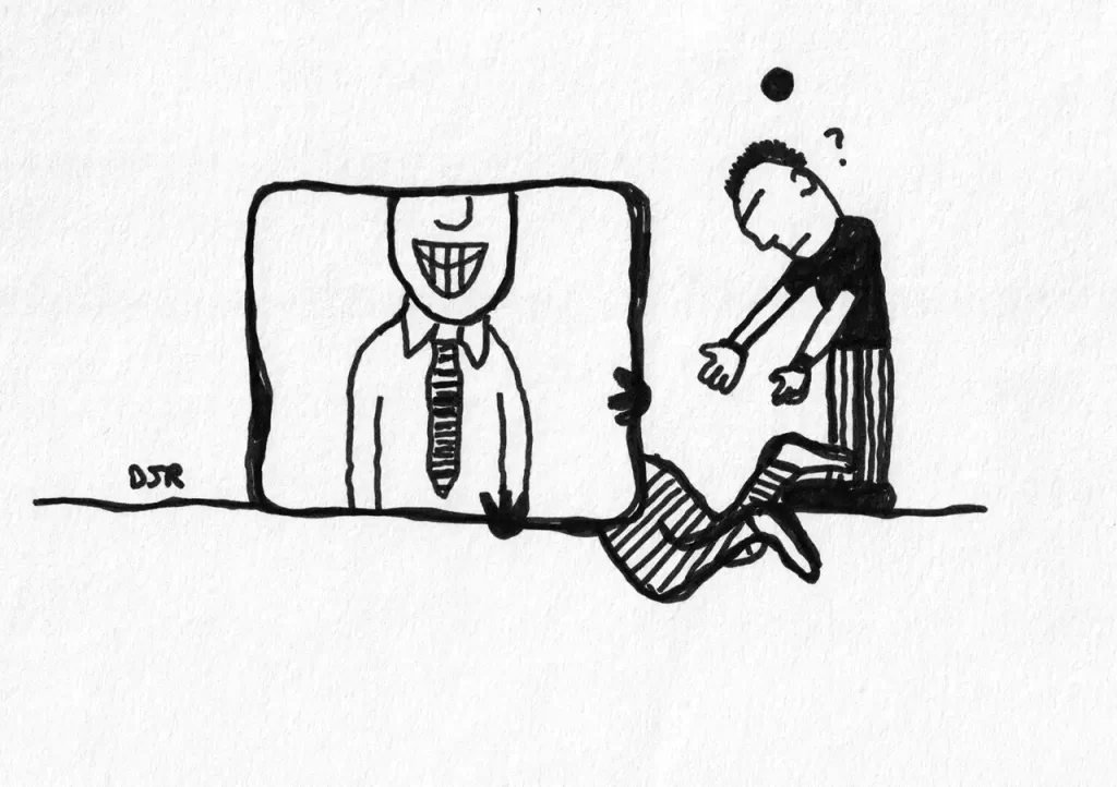 Comic art by Daniel Joshua Rubin featuring a man perplexed his friend's tumble - and the man's weak attempt to cling to his facade.