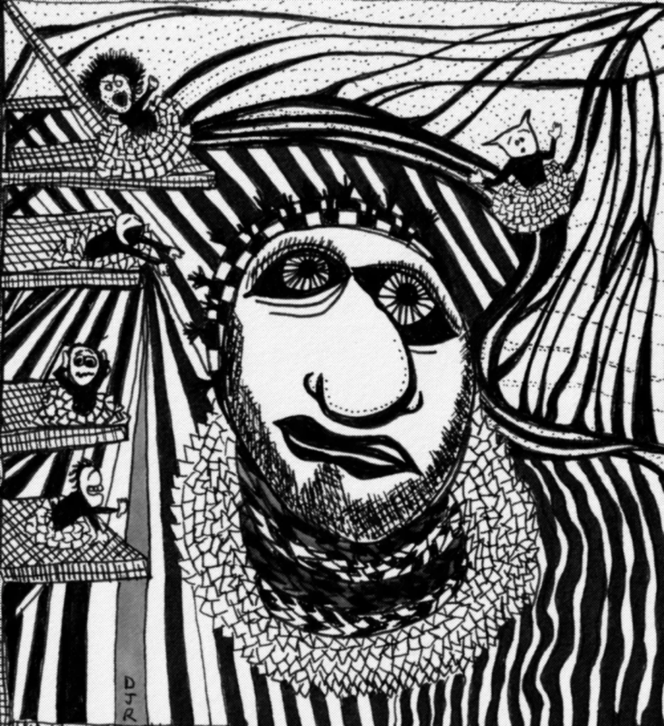 Comic art by Daniel Joshua Rubin featuring a tremendously disturbed being set against a surreal striped landscaped with smaller and even more troubled souls beckoning to him. Or it.