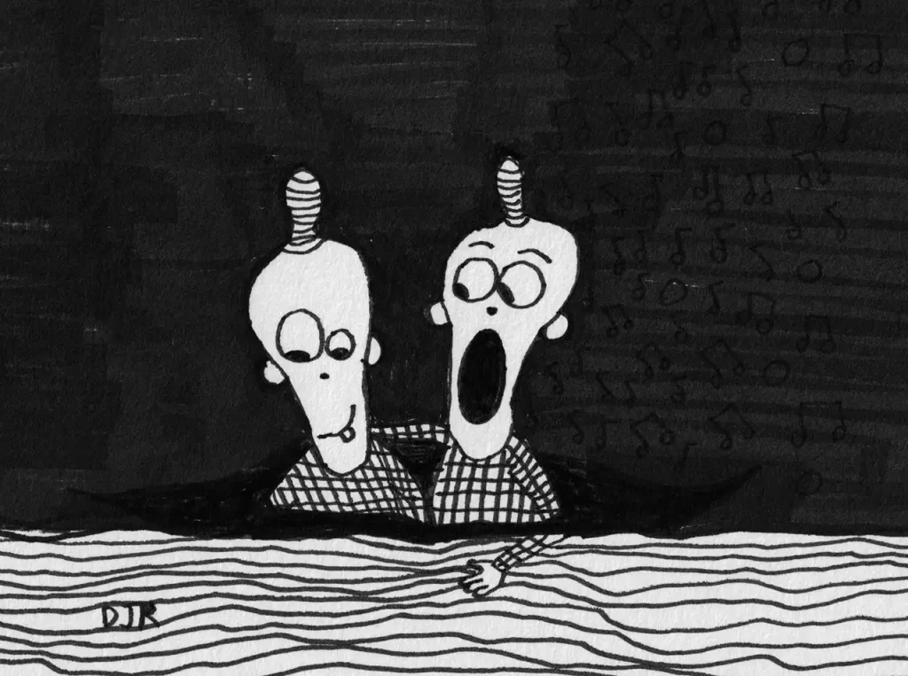 Comic art by Daniel Joshua Rubin featuring two alien beings at a bar, one singing to the other to cheer up his pal.