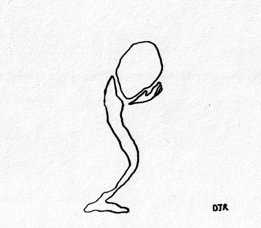 Comic art by Daniel Joshua Rubin featuring a figure standing with head in hands.