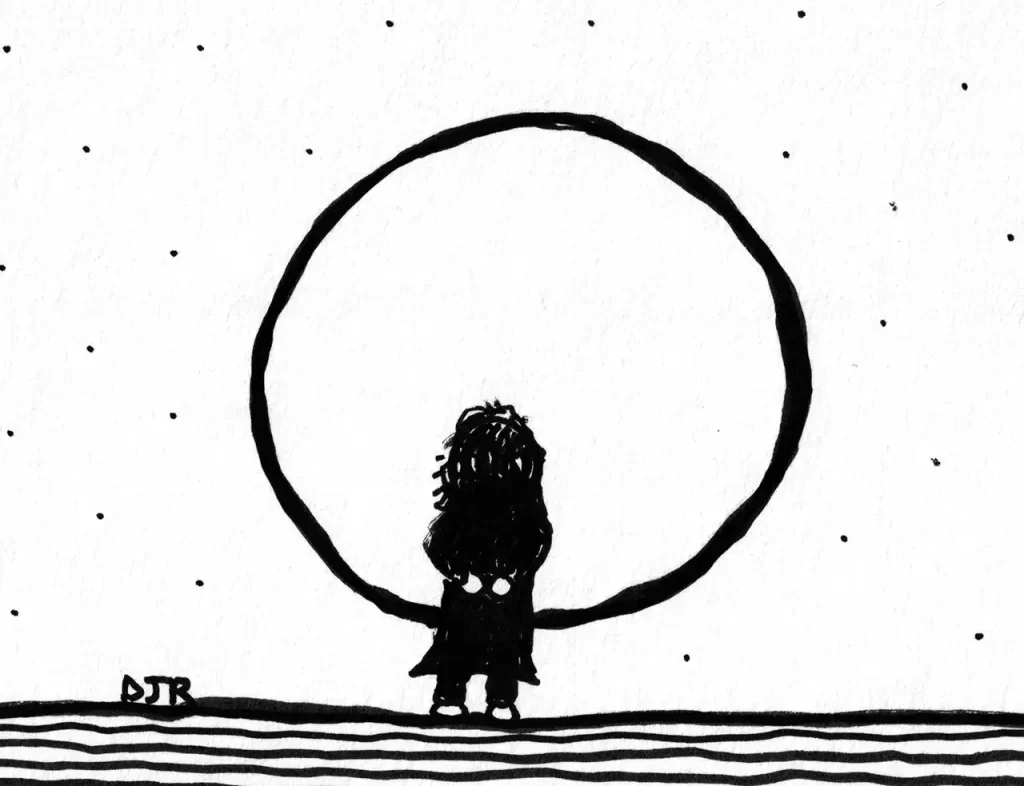 Comic art by Daniel Joshua Rubin featuring a man staring out through a large empty circle in the stars.