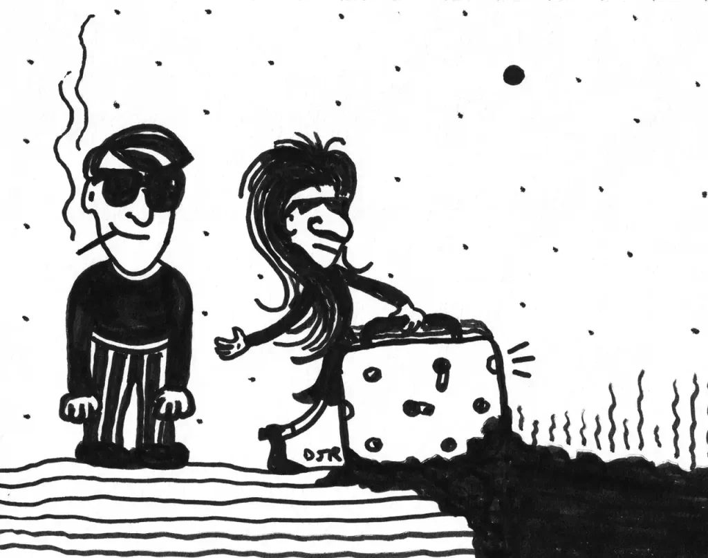 Comic art by Daniel Joshua Rubin featuring a middle aged couple disposing of a suitcase that resembles a carrying case for an animal, but may contain a child